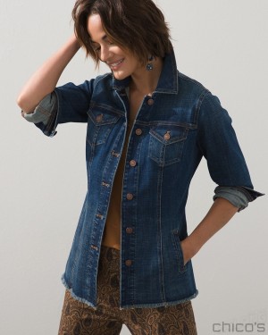 Chico's Indigo Frayed Hem Denim Jacket Jeans & Denim Sequoia Indigo | 507-KJRGDI