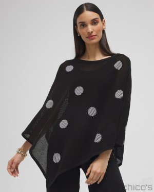 Chico's Jacquard Polka Dot Knit Poncho Ponchos & Ruanas Black | 081-YLOVNM