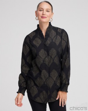 Chico's Jacquard Ruffle Neck Shirt Tops Black | 243-MDVXRF