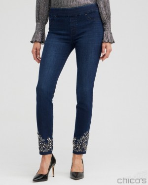 Chico's Jeweled Hem Pull-on Jeggings Pants Rainier Indigo | 709-GICAMF