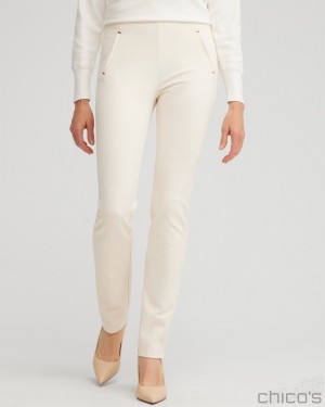 Chico's Juliet Ponte Trim Detail Pants Pants English Cream | 762-JOQWYF