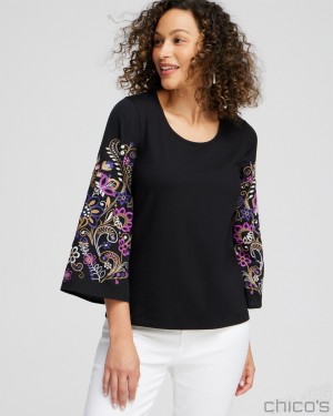 Chico's Knit Woven Embroidered Sleeve Top Tees & Tanks Black | 695-DQHNGB