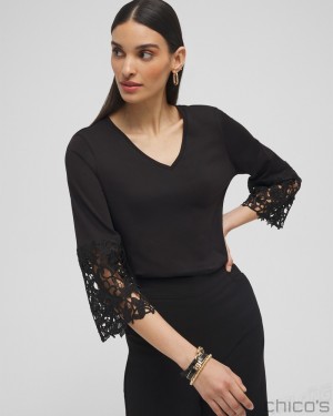 Chico's Lace Applique Tee Tops Black | 024-SQPKUY