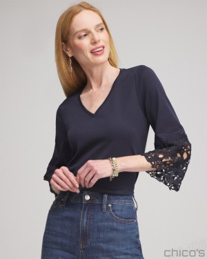 Chico's Lace Applique Tee Tops Classic Navy | 671-FIEBPN