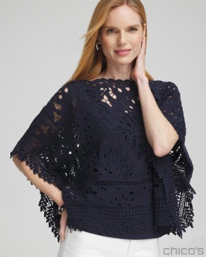 Chico's Lace Crochet Poncho Tops Classic Navy | 157-TGUZEX