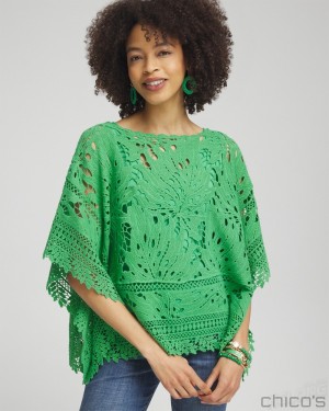 Chico's Lace Crochet Poncho Tops GRASSY GREEN | 869-FIPBDX