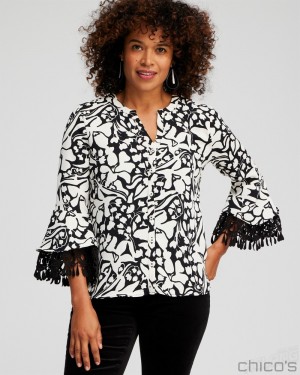 Chico's Lace Detail Floral Top Blouses & Shirts Alabaster/Black | 089-XQMOYR