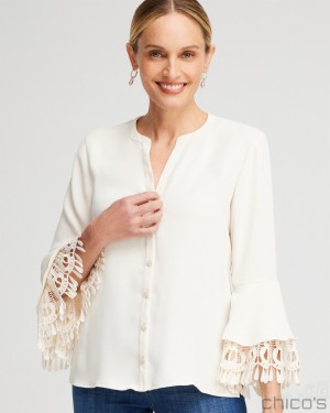 Chico's Lace Detail Long Sleeve Top Blouses & Shirts English Cream | 168-DTJCRL