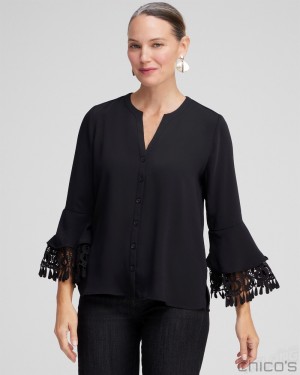 Chico's Lace Detail Long Sleeve Top Blouses & Shirts Black | 769-RTOLMU