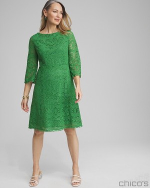 Chico's Lace Fit & Flare Dress Dresses Verdant Green | 907-IERATQ