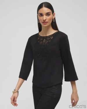 Chico's Lace Inset Top Tees & Tanks Black | 520-EOLXVH