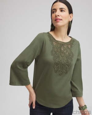 Chico's Lace Inset Top Tees & Tanks Olive | 162-VFOXCB