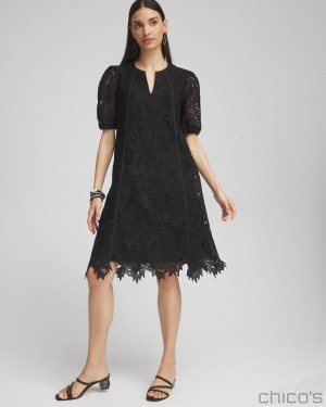 Chico's Lace Leaf Dress Dresses Black | 268-MSRTLO