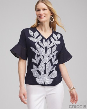 Chico's Leaf Linen Blend Flutter Sleeve Top Tees & Tanks Classic Navy | 150-UFILWM