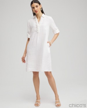 Chico's Linen 3D Floral Dress Dresses Alabaster | 483-TZUHCO