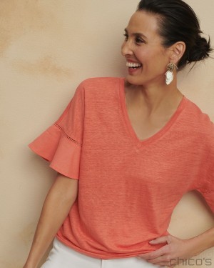 Chico's Linen Blend Flutter Sleeve Top Tees & Tanks Nectarine | 483-PHLFCG