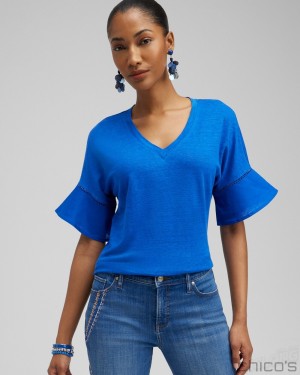 Chico's Linen Blend Flutter Sleeve Top Tees & Tanks Intense Azure | 538-XGUAJQ