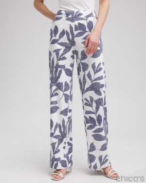 Chico's Linen Blend Leaf Print Pants Pants Alabaster/Evening Eclipse | 843-SAPTJF