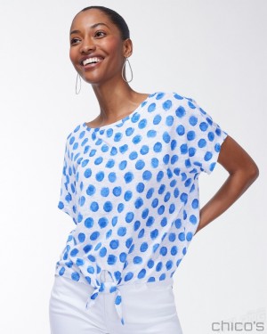 Chico's Linen Blue Dots Tie Front Tee Tees & Tanks Poolside Blue | 843-LSOCIP