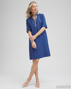 Chico's Linen Embellished Shirt Dress Dresses Naval Indigo | 756-JAFNCH