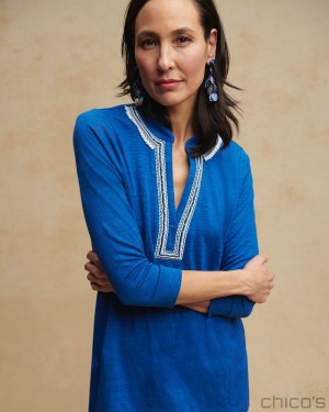 Chico's Linen Embellished Tunic Tops Intense Azure | 495-WGLCUQ