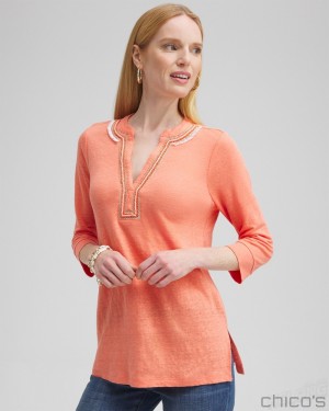 Chico's Linen Embellished Tunic Tops Nectarine | 357-UCZSJR