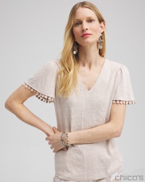 Chico's Linen Embroidered Flutter Sleeve Top Tees & Tanks Smokey Taupe | 948-HSABYD