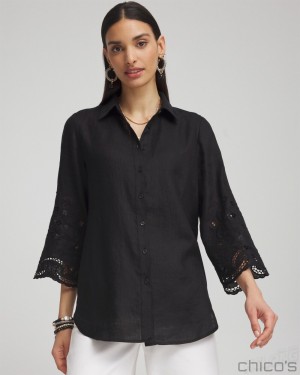 Chico's Linen Eyelet Sleeve Shirt Blouses & Shirts Black | 297-CPNSZX