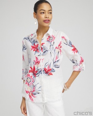 Chico's Linen Floral Fringe Shirt Blouses & Shirts Alabaster | 281-USKFDQ