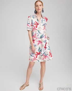 Chico's Linen Floral Popover Shirt Dress Dresses Alabaster | 184-VROBDI