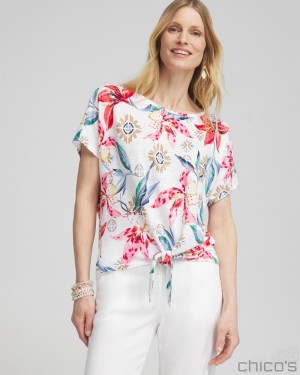 Chico's Linen Floral Tie Front Tee Tees & Tanks DELIGHTFUL PINK | 187-VORMTJ