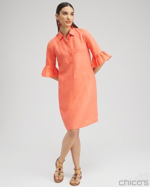 Chico's Linen Fluted Sleeve Dress Dresses Nectarine | 198-RKWOQG