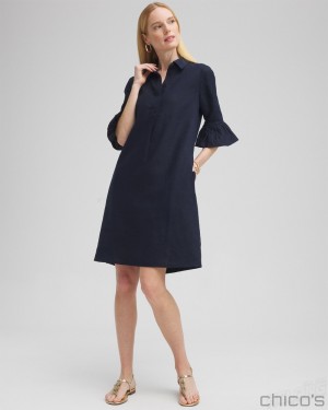 Chico's Linen Fluted Sleeve Dress Dresses Classic Navy | 251-OXNPHM