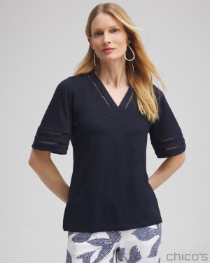 Chico's Linen Ladder Lace Tee Tees & Tanks Classic Navy | 531-ENCYXU