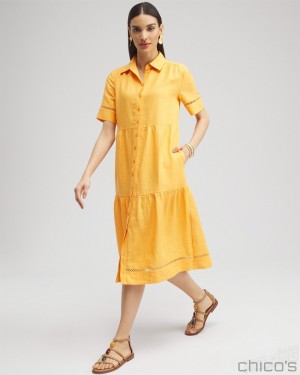 Chico's Linen Lattice Trim Midi Dress Dresses Mango Sorbet | 213-QRIBWY