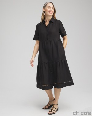 Chico's Linen Lattice Trim Midi Dress Dresses Black | 430-ODXSZR