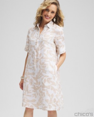 Chico's Linen Leaf Print Popover Dress Dresses Sycamore | 936-GWZTQR