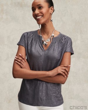 Chico's Linen Metallic Tee Tees & Tanks Soft Slate | 971-PFQKTO