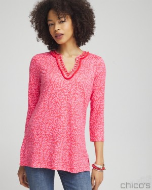 Chico's Linen Reef Embellished Tunic Tops Watermelon Punch | 748-LUKHRA