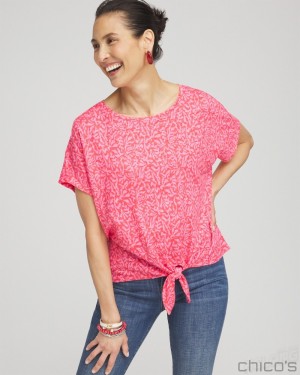 Chico's Linen Reef Tie Front Tee Tees & Tanks Watermelon Punch | 094-QHOMCB