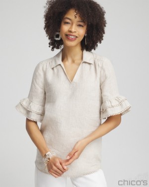 Chico's Linen Ruffle Sleeve Blouse Blouses & Shirts Oatmeal | 514-ELHZBF