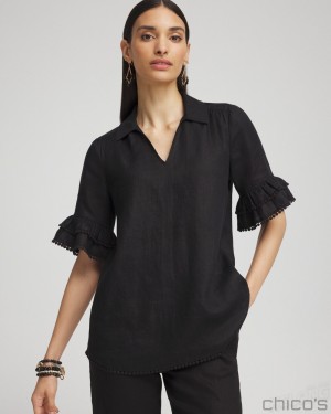 Chico's Linen Ruffle Sleeve Blouse Blouses & Shirts Black | 632-ZDQKCF