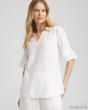 Chico's Linen Ruffle Sleeve Blouse Blouses & Shirts Alabaster | 896-PDBHQF