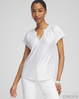 Chico's Linen Stretch Metallic Tee Tees & Tanks Alabaster | 605-FHSEUA