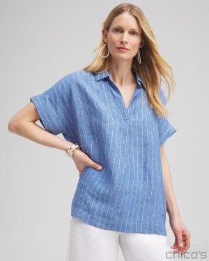 Chico's Linen Stripe Popover Top Blouses & Shirts Blue | 931-XKRIQV