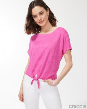 Chico's Linen Tie Front Tee Tees & Tanks Bahamian Pink | 689-SZVXEB