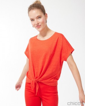 Chico's Linen Tie Front Tee Tees & Tanks Flame Scarlet | 352-WMCRLD