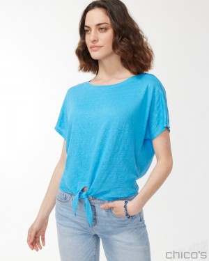 Chico's Linen Tie Front Tee Tees & Tanks Poolside Blue | 915-HDSXLB