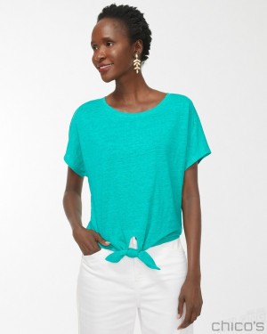 Chico's Linen Tie Front Tee Tees & Tanks Tropical Jade | 360-DGTRKV