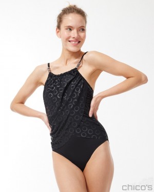 Chico's Magicsuit Cosmos Lisa High Neck Swimsuit Swim Black/Multi | 230-XQMJSK